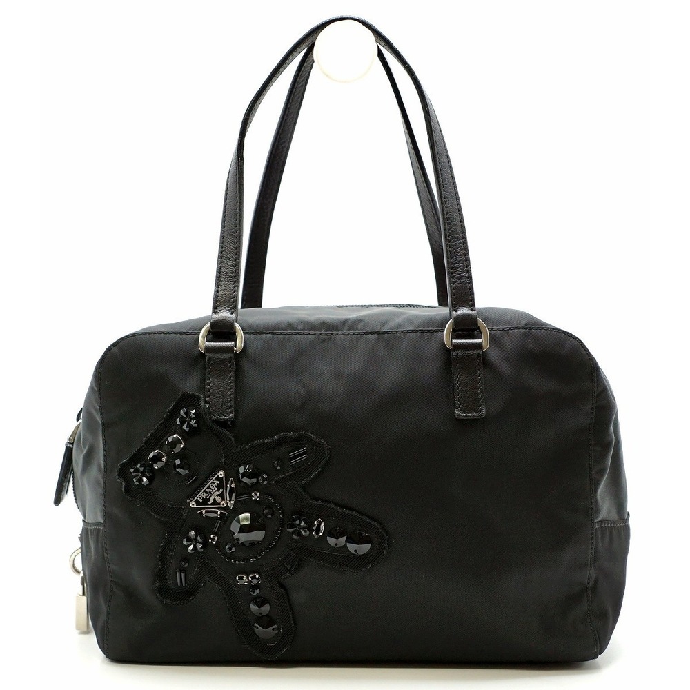 Prada Nylon Leather Bear Motif Handbag Black